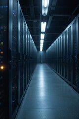 Row of Black Server Racks with Blinking Lights