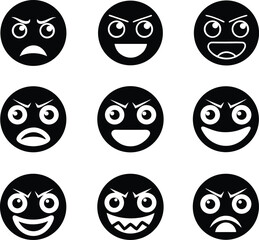 Fototapeta premium Emoji Emoticon Silhouette Icon Set – Wow, Sad, Happy & Expression Faces Vector.