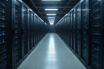 Fototapeta premium Perspective View Down a Long Corridor of Network Servers in Large Scale IT Infrastructure