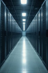 Colocation Facility Interior Showing Endless Network Equipment Racks in Clean Perspective