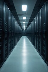 Obraz premium Cloud Services Powerhouse: Infinite Server Rack Aisle Representing Big Data Processing