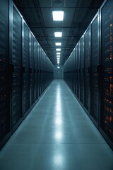 Technology Background Concept: Server Room Corridor with Racks Vanishing into Bright Distance