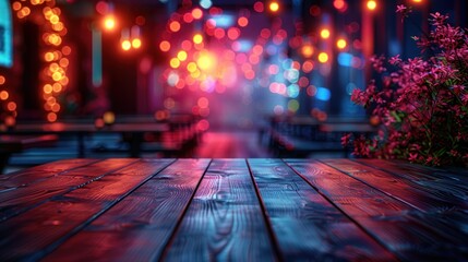 A cozy outdoor area illuminated by bright lights invites visitors to gather and enjoy