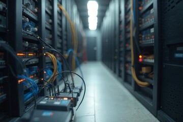 Naklejka premium Critical Infrastructure Component Focus: Close-up Detail of Data Center PDU