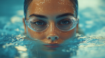 Swimmer preparing to dive into clear blue water with focused expression and swim goggles on swimmer, pool, water, goggles, dive, focus, determination, competition, athleticism, preparation, 