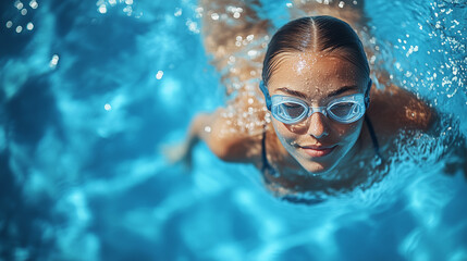 Young swimmer enjoying a refreshing swim in a bright blue pool on a sunny day swimming, swimmer, pool, young, goggles, water, sunlight, summer, recreation, enjoyment