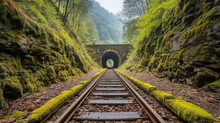 a disused railway tunnel filled with moss and trees