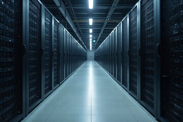 Fototapeta premium Strong Perspective View of Highly Organized Server Infrastructure Featuring Clear Walkway and Symmetry