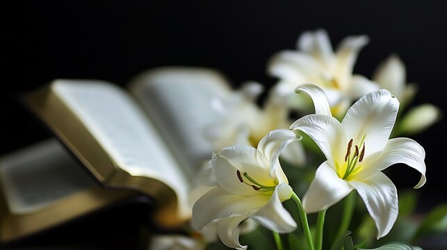 Close up of an open Bible to Luke 24 with Easter lilies in the foreground - Powered by Adobe