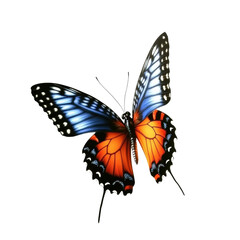 Naklejka premium Vibrant butterfly with intricate black, blue, orange, and white wing patterns, detailed close-up of delicate insect with antennae and textured wings