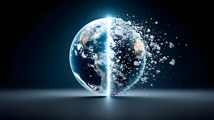 Fototapeta premium Planet Earth breaking apart into dry pieces, showcasing extreme climate change and environmental destruction, evokes sense of urgency and concern for our planet future