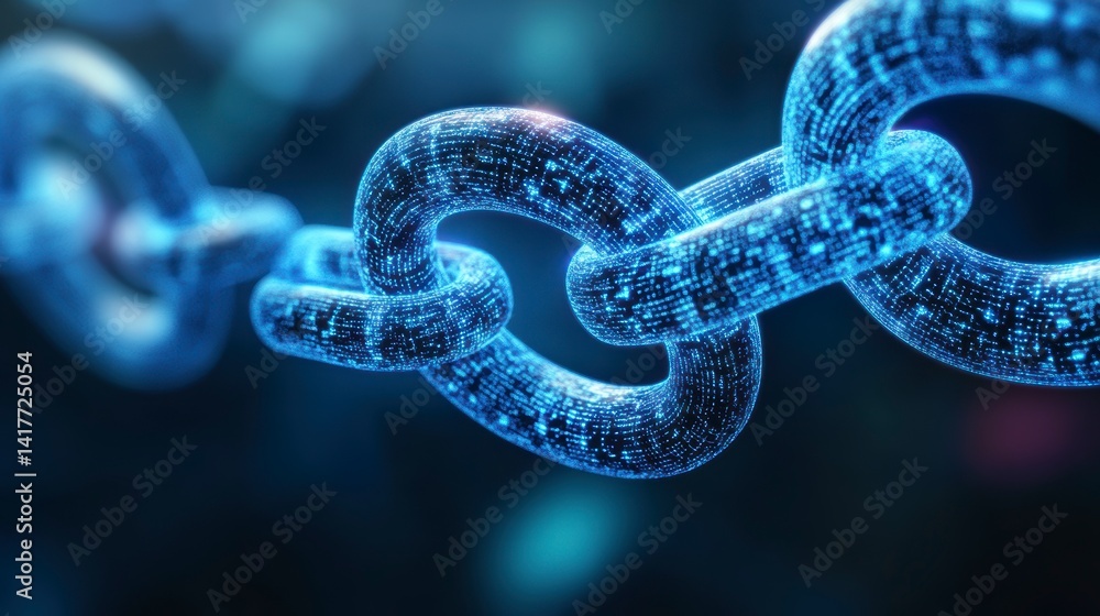 Poster abstract digital chain links glowing blue, representing connection and security.