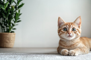 Cute ginger kitten with big surprised eyes lying on carpet at home