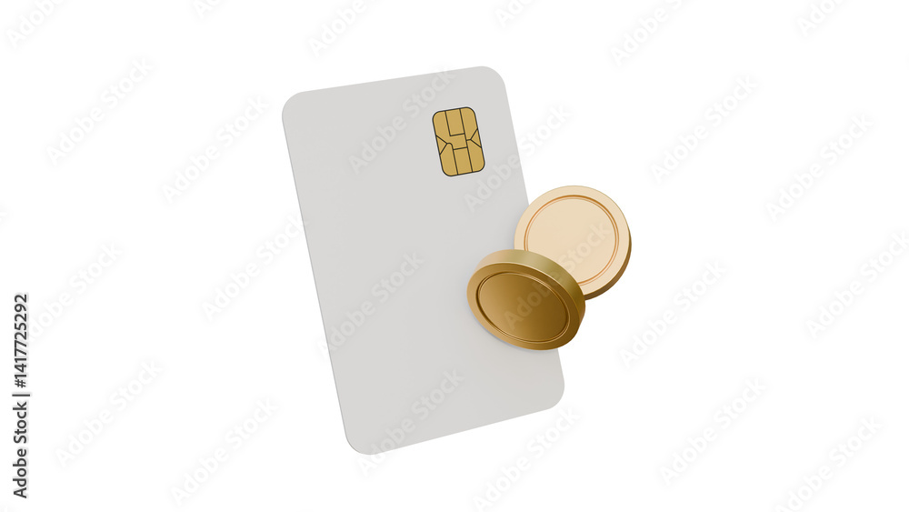 Poster credit card with coin on isolated background. online payment concept. blank vertical card mock up wi