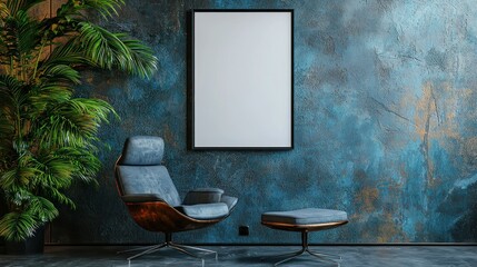 Modern armchair, ottoman, blank canvas, tropical plant, moody room