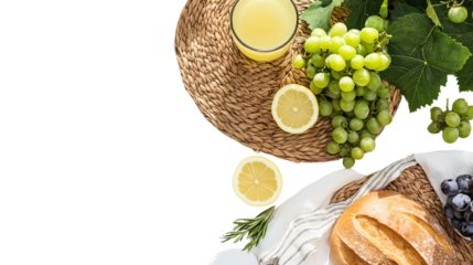 Fresh summer picnic layout with grapes, bread, and lemonade, isolated on white, flat lay, PNG