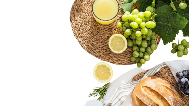 Fresh summer picnic layout with grapes, bread, and lemonade, isolated on white, flat lay, PNG