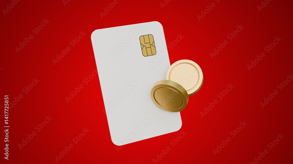 Poster credit card with coin on red background. online payment concept. blank vertical card mock up with co