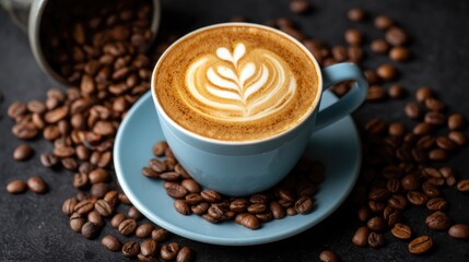 Obraz premium Latte art coffee cup with scattered beans. Relaxing cafe background use