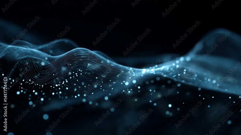 Poster abstract blue wave background with blue glowing neon moving high speed wave lines and bokeh lights.