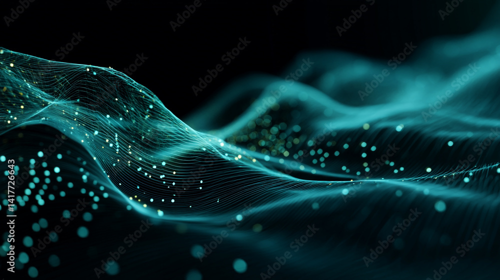 Poster abstract blue wave background with blue glowing neon moving high speed wave lines and bokeh lights.