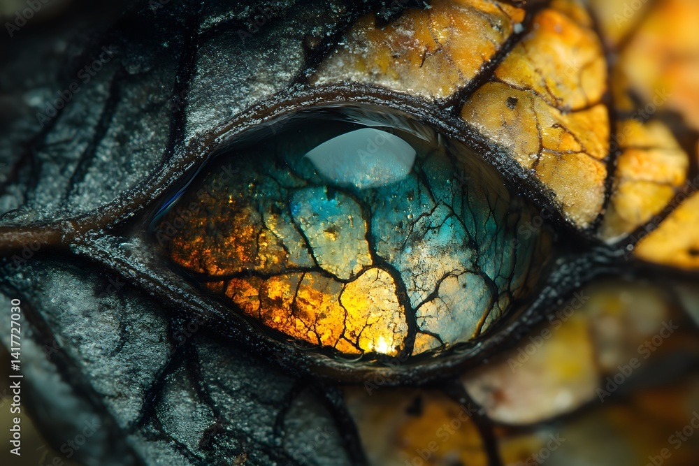 Poster close-up of colorful dragonfly eye with intricate textures and patterns