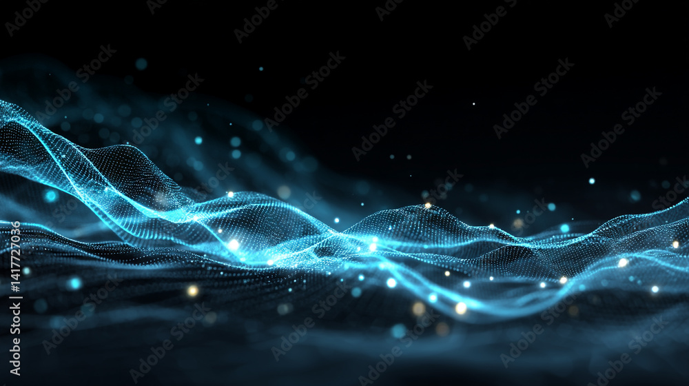 Poster abstract futuristic background with blue glowing neon moving high speed wave lines and bokeh lights.