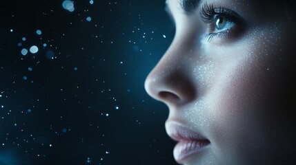 Radiant female face with microparticles symbolizing skin repair technology