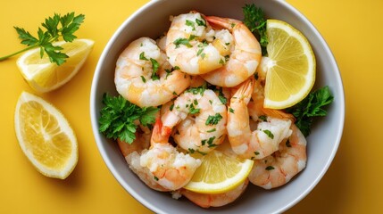 Cooked shrimp with lemon in a bowl. Seafood dish served as a culinary appetizer