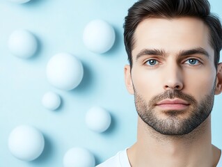 Fototapeta premium Closeup of healthy male skin with nano orbs floating nearby, skincare breakthrough concept