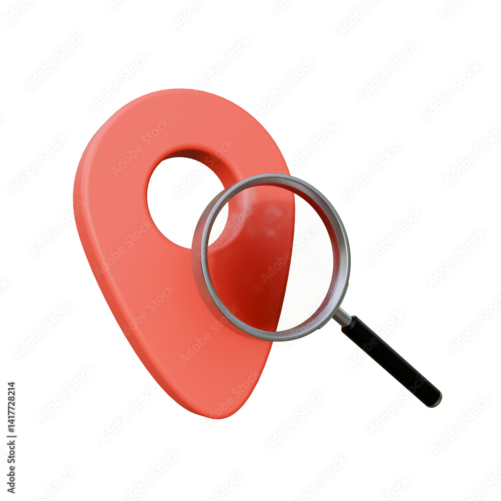 Poster search location icons on isolated. location pin and magnifying glass symbols for place finding. magn