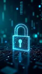 Digital lock glowing bright data security cyber protection futuristic tech blue neon glow circuit