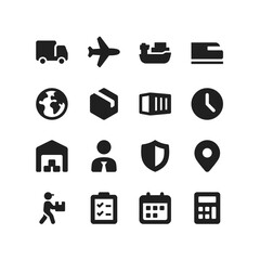 Logistics and Delivery, solid glyph style icon set. Truck, plane, ship, card, globe, parcel, warehouse, shield, pin, courier, etc. logistics companies, e-commerce businesses. Isolated vector