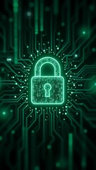 Glowing digital padlock on circuit board symbolizing secure online data protection with vibrant