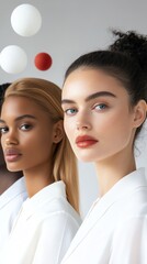 Fototapeta premium Multiethnic group with luminous skin and floating microscopic spheres, clean skincare technology visual