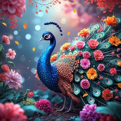 Elegant Blue Peacock with Colorful Flowers on Feathers in a Fantasy Garden Setting