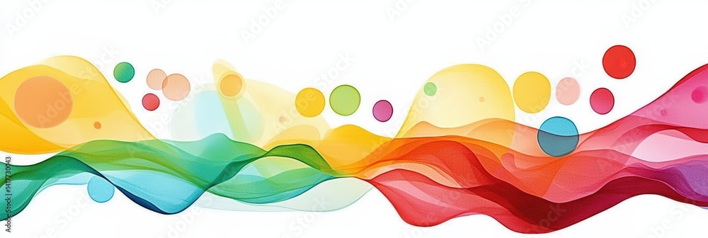 Poster a vibrant abstract design featuring flowing waves and colorful circles, creating a dynamic and cheer