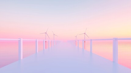 Vast offshore windmill park in the Netherlands with numerous wind turbines along the coastline at sunset, vibrant pink and orange reflections on the sea surface