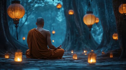 A monk meditating in a remote forest, lanterns illuminating, the surroundings serene.