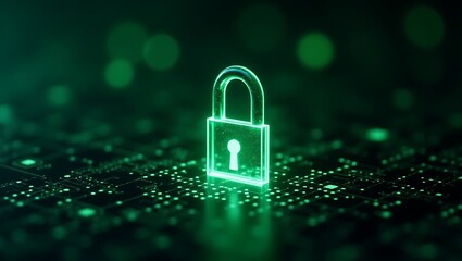 Secure digital future glowing green padlock on circuit board symbolizing online safety and data