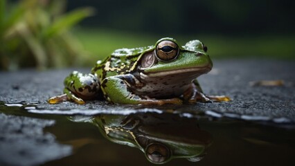 Vivid closeup of a Green Tree Frog perched on dark rock, reflecting in water, displaying intricate skin and eye detail.