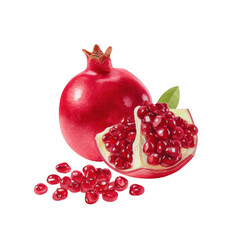 Juicy red pomegranate with seeds isolated transparent background a watercolor painting of fresh fruit