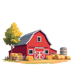 Vsai red barn stands on farm with hay bales and silo © frrlbt