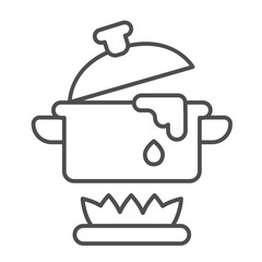 Boiling water pot on fire thin line icon, culinary cooking concept. Vector graphics. Pot on gas flame, water heating sign on white background, linear style icon for mobile or web design.
