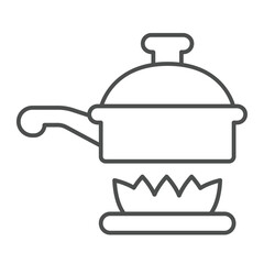 Frying pan with lid on fire thin line icon, culinary concept. Vector graphics. Cooking pan heating sign on white background, linear style icon for mobile or web design.