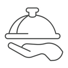 Hand and dish with lid thin line icon, culinary cooking concept. Vector graphics. Dish plate on hand, food service sign on white background, linear style icon for mobile or web design.