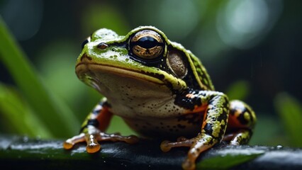 Fototapeta premium Close-up of a vibrant green and orange frog with golden eyes sitting on a branch in a lush, verdant environment