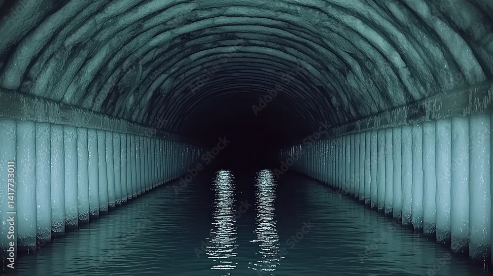 Poster dark tunnel with illuminated water reflections, showcasing architecture and depth