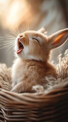 Cute bunny yawning in a cozy nest.