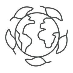 Planet earth and leaves around thin line icon, culinary cooking concept. Vector graphics. World globe with leaf round branch sign on white background, linear style icon for mobile or web design.